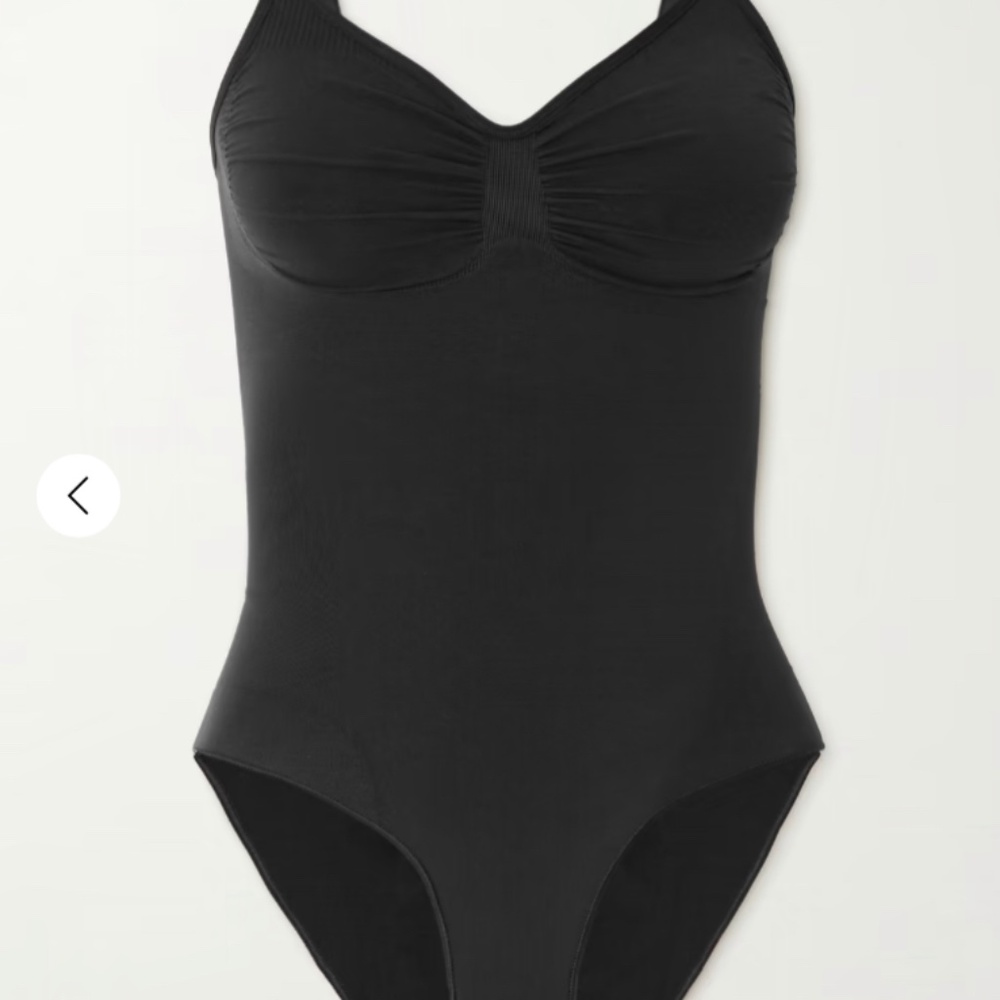 SKIMS bodysuit. Seamless Sculpt Brief Bodysuit in shade onyx (black)